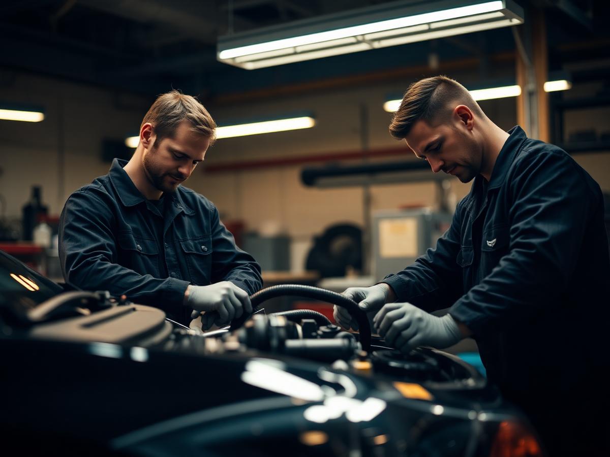 Mecánicos de Automotors trabajando en un motor